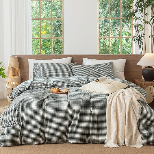MooMee Gingham Duvet Cover Set 100% Washed Cotton Linen Like Textured Breathable Durable Soft Comfy Modern Checkered Design (Mini Gingham Forest Green, Oversized Full 82"x86")