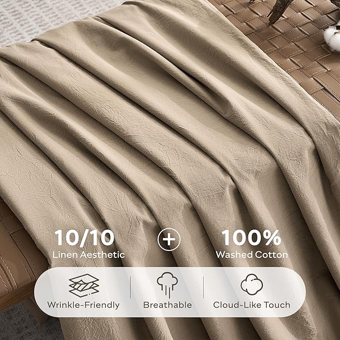 JELLYMONI 100% Washed Cotton Duvet Cover Queen – Soft, Breathable Linen-Look Bedding with Natural Wrinkle Texture, Button Closure, 3-Piece Set (Dusty Khaki, 90"x90")
