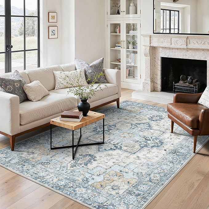 BESBLEE 5x7 Area Rugs for Living Room, Machine Washable Rug, Non Slip Vintage Rugs, Low Pile Lightweight Print Rug for Bedroom, Dining Room, Home Office, Blue