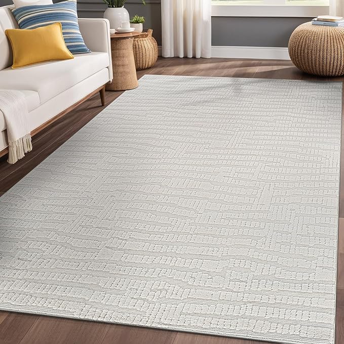 Luul Home Modern Micro Loop Indoor Area Rugs for Living Room Bedroom Kitchen Geometric Pebble White 4x6 Luxury Durable Low and High Pile Non-Shedding Stain Resistant Soft Area Carpet 4 x 6