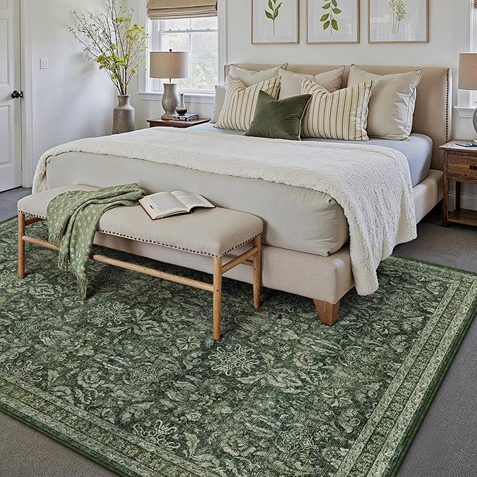 PureCozy Dark Green 6x9 Area Rug Washable Vintage Living Room Bedroom Carpet Indoor Large Non Slip Soft Low Pile Thin Rug Retro Accent Throw Office Dining Room