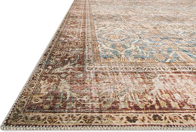Loloi Layla Collection LAY-04 Ocean/Rust 5'-0" x 7'-6" .13" Thick Area Rug, Soft, Durable, Vintage Inspired, Distressed, Low Pile, Non-Shedding, Easy Clean, Printed, Living Room Rug