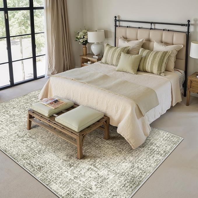 PureCozy 5x7 Area Rug Washable Vintage Neutral Living Room Carpet Large Indoor Non Slip Taupe Bedroom Distressed Low Pile Retro Accent Throw Rug for Dining Room