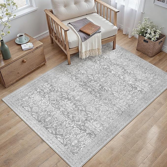 PureCozy Gray 3x5 Area Rug Washable Office Entryway Carpet Vintage Non Slip Door Mat Indoor Low Plie Soft Retro Grey Accent Throw Small Rug for Bathroom Bedroom Dining Living Room