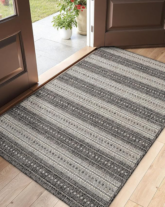 DEXI Dirt Trapper Door Mat, 31x60 Washable Doormat, Dirt Resistant and Absorbent, Easy Clean Low-Profile Floor Rugs for Entryway, Front Door, and Inside Entrance, Striped Grey