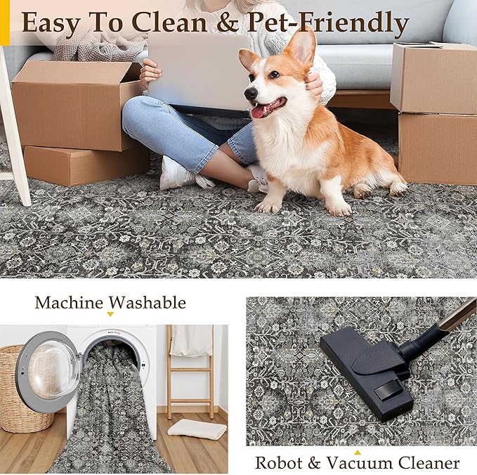 PureCozy Black Runner Rug 2'6"x12' Vintage Area Carpet Hallway Long Indoor Kitchen Washable Living Room Low Pile Traditional Distressed Retro Accent Rug Non Slip Laundry Bathroom Office Dining Room