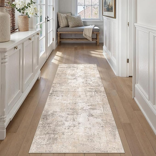 WondRg 2x6 Washable Runner Rug Beige Grey Abstract Hallway Kitchen Throw Rug Neutral Modern Non Slip Soft Low Pile Carpet for Bathroom Laundry Bedroom Living Room