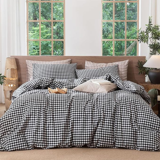MooMee Gingham Duvet Cover Set 100% Washed Cotton Linen Like Textured Breathable Durable Soft Comfy Modern Checkered Design (Black White Gingham, Twin 68"x90")