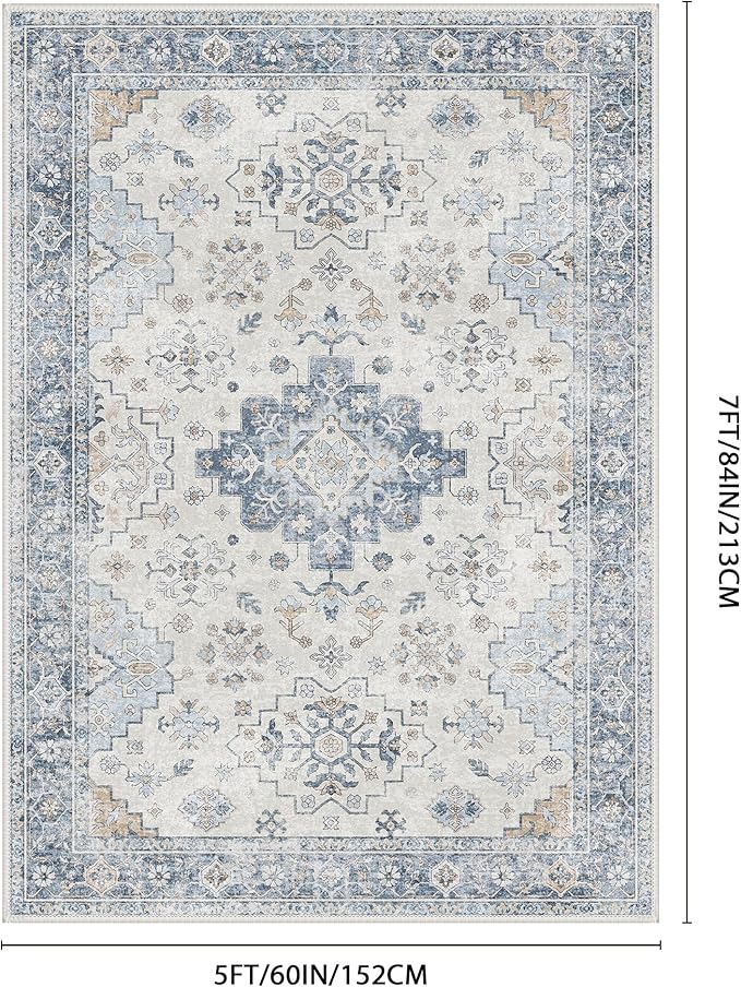 GENIMO 5x7 Area Rugs for Living Room,Machine Washable Non-Slip Vintage Rug, Low Pile Lightweight Carpet for Bedroom, Dining Room, Home Office, Stain & Fade Resistant,Blue