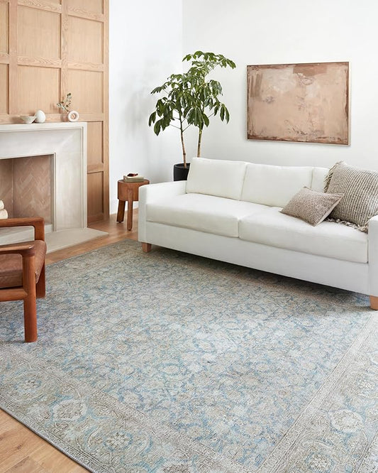 Loloi Wynter Collection WYN-10 Ocean/Silver 5'-0" x 7'-6" Area Rug, .13" Thick, Area Rug, Soft, Durable, Printed, Vintage Inspired, Low Pile, Non-Shedding, Easy Clean, Living Room Rug