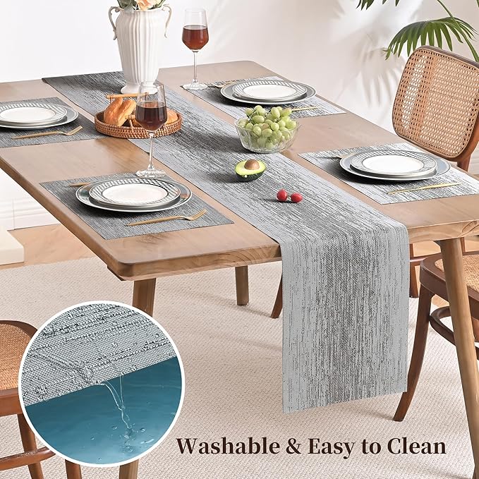 Leetaltree Grey Table Runner and Placemats Set of 7, Heat Resistant Non-Slip Place mats for Dining Table, Washable Durable PVC Vinyl Woven Table Mats Set