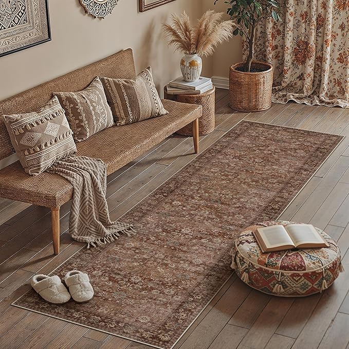 HUGEAR 2x8 Runner Rug Machine Washable Brick Red Hallway Area Rug Indoor Accent Rugs Floral Low Pile Carpet Soft Throw Rugs Bedroom Living Room Office Dining Kitchen Laundry Non Slip