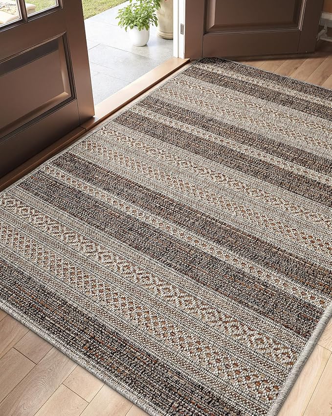 DEXI Dirt Trapper Door Mat, 48x72 Washable Doormat, Dirt Resistant and Absorbent, Easy Clean Low-Profile Floor Rugs for Entryway, Front Door, and Inside Entrance, Striped Brown