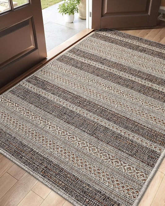 DEXI Dirt Trapper Door Mat, 48x72 Washable Doormat, Dirt Resistant and Absorbent, Easy Clean Low-Profile Floor Rugs for Entryway, Front Door, and Inside Entrance, Striped Brown