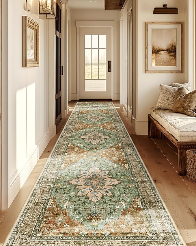 RELEANY Area Rugs 2'x10' Washable Non-Slip, Floral Vintage Distress Print Pattern Medallion Carpet for Living Room Bedroom Dining Room, Brick Red Rust Neutral Brown Burnt Orange Green
