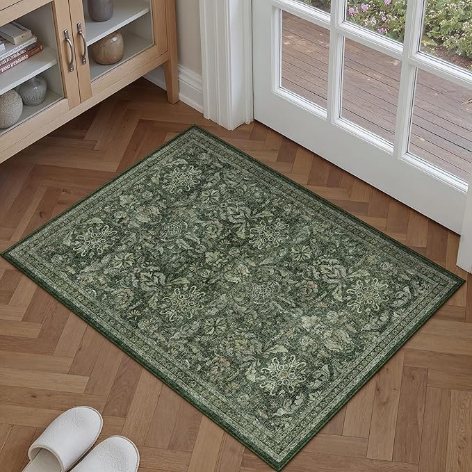 PureCozy Dark Green 2x3 Area Rug Washable Entryway Door Mat Vintage Carpet Indoor Non Slip Small Low Plie Thin Kitchen Bathroom Rug Retro Accent Throw Entrance Bedroom Office Living Room