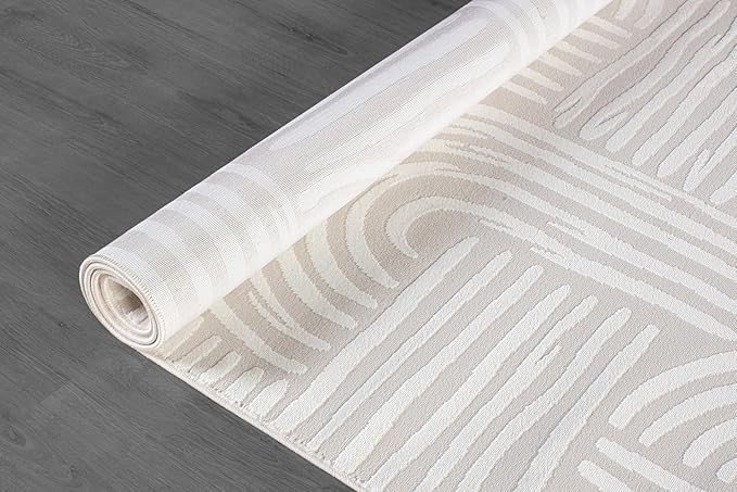 Beverly Rug Modern Geometric Area Rug 4x6 Low-High Pile Durable Soft Abstract Curved Indoor Rugs for Living Dining Room Office Stain Resistant Non Shedding Casual Indoor Carpet Beige White 4 x 6