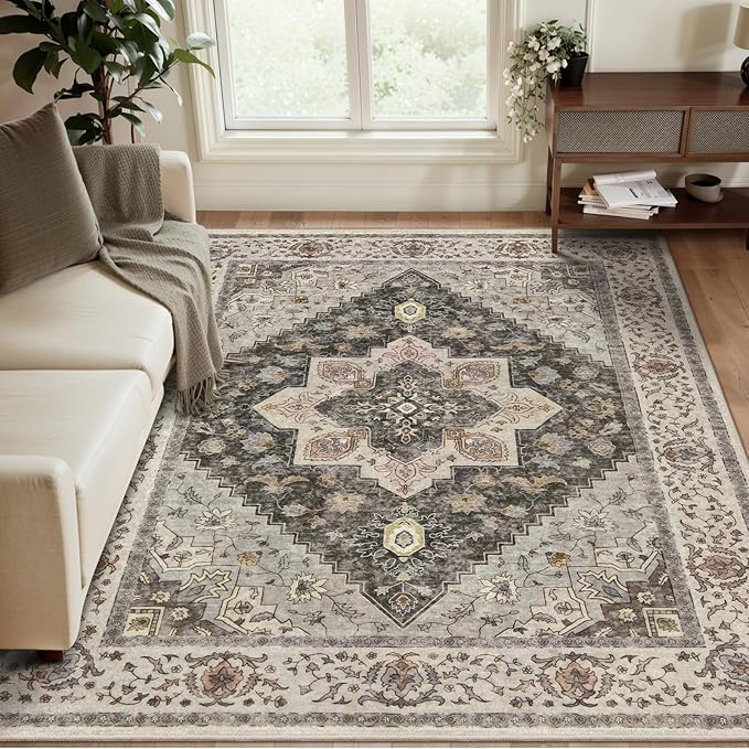 Tangsoo 3x5 Area Rug Vintage Washable Rugs Non Slip, Farmhouse Rugs Indoor Accent Rug Print Distressed Grey Carpet, Soft Low Pile Rug for Living Room Bedside Entryway Bedroom