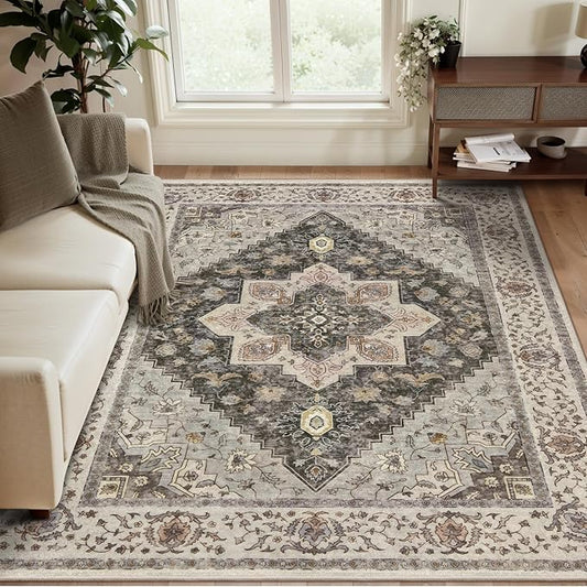 Tangsoo 3x5 Area Rug Vintage Washable Rugs Non Slip, Farmhouse Rugs Indoor Accent Rug Print Distressed Grey Carpet, Soft Low Pile Rug for Living Room Bedside Entryway Bedroom