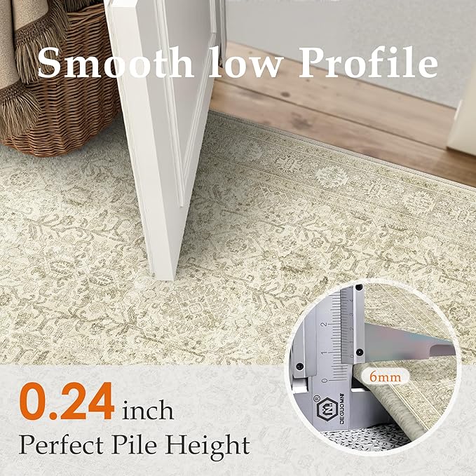PureCozy Beige Runner Rug 2x8 Vintage Area Carpet Hallway Long Indoor Kitchen Washable Living Room Low Pile Traditional Distressed Retro Accent Throw Rug Non Slip Laundry Bathroom Office