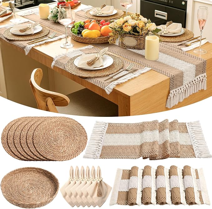 6 Sets Boho Placemats Round Woven Placemats, Cloth Napkins, Wood Bead Napkin Rings, Long Table Runner and Farmhouse Rustic Burlap Cotton for Kitchen Dining Table Home (Khaki B)