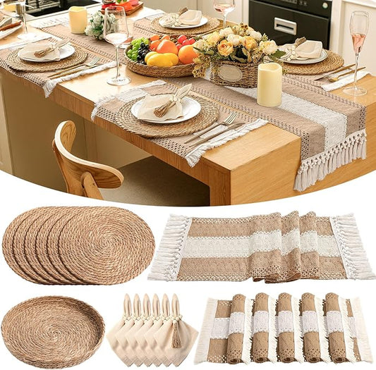 6 Sets Boho Placemats Round Woven Placemats, Cloth Napkins, Wood Bead Napkin Rings, Long Table Runner and Farmhouse Rustic Burlap Cotton for Kitchen Dining Table Home (Khaki B)