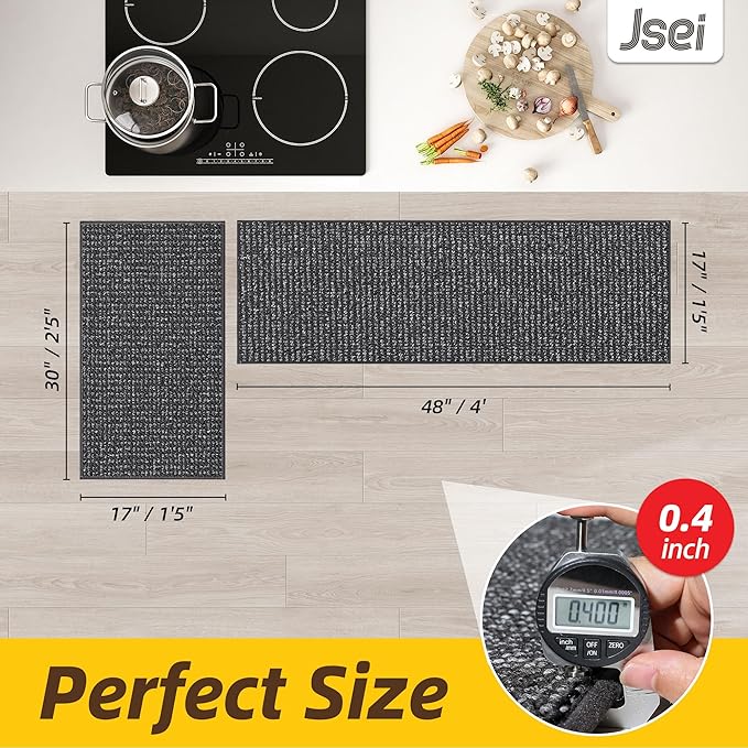 JSEI Kitchen Rugs and Mats, 2PCS Non-Slip Kitchen Mats for Floor, Machine Washable Absorbent and Stain Resistant Kitchen Runner, Carpet Mats with TPR Backing, 17''x30''+17''x48'', Charcoal