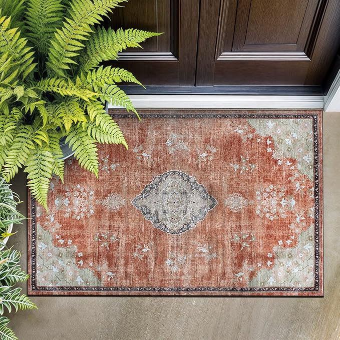 Beverly Rug Non Slip Rugs 2x3 Boho Medallion Floral Non Skid Rubber Backing Easy Silk Soft Entry Rug for Living Room Easy to Clean Non Shedding Kitchen Bedroom Indoor Carpet (2 x 3 Orange - Cream)