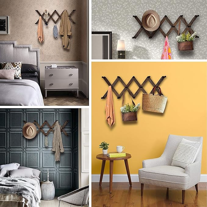 Expandable Wooden Coat Rack Hanger - Accordion Wall Hanger with Expanding Wall Pegs | Hand Made Vintage Wooden Hat Rack for Wall | Hang Coat, Jacket, Hat | Wall Rack – 14 Hook, Washed Gray