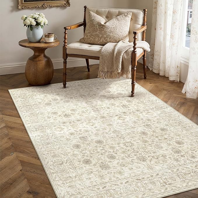 PureCozy 3x5 Area Rug Machine Washable Entryway Office Vintage Distressed Non Slip Carpet Indoor Small Low Plie Thin Beige Bedroom Kitchen Retro Accent Throw Rug Door Mat Entrance Bathroom Living Room