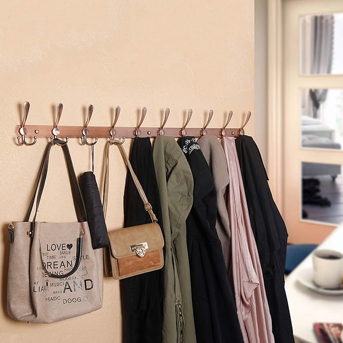 WEBI Coat Rack Wall Mount Long, 8 Tri Hooks for Hanging, 30 Inch Hook Rail, Hanger for Clothes, Jackets, Hats, Black, 2 Packs