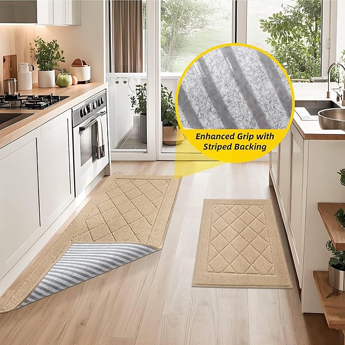 JSEI Non-Slip Kitchen Rugs, Self Adhesive No Sliding Kitchen Mats Set of 2, Soft Washable Absorbent Floor Mat for Kitchen, Bathroom, Laundry Room, Bedroom, 20”x32”+32”x48”, Beige, Diamond Pattern