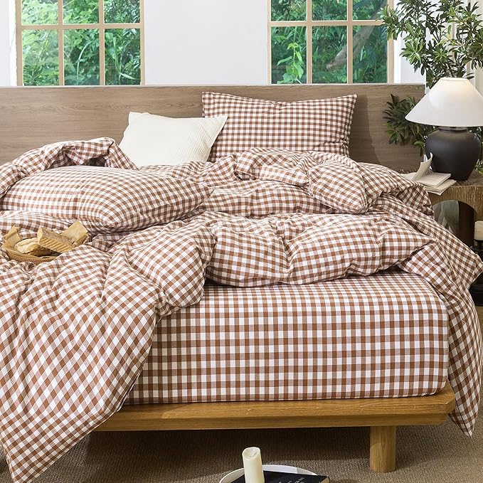 MooMee Gingham Duvet Cover Set 100% Washed Cotton Linen Like Textured Breathable Durable Soft Comfy Modern Checkered Design (Dark Orange Gingham, Twin 68"x90")