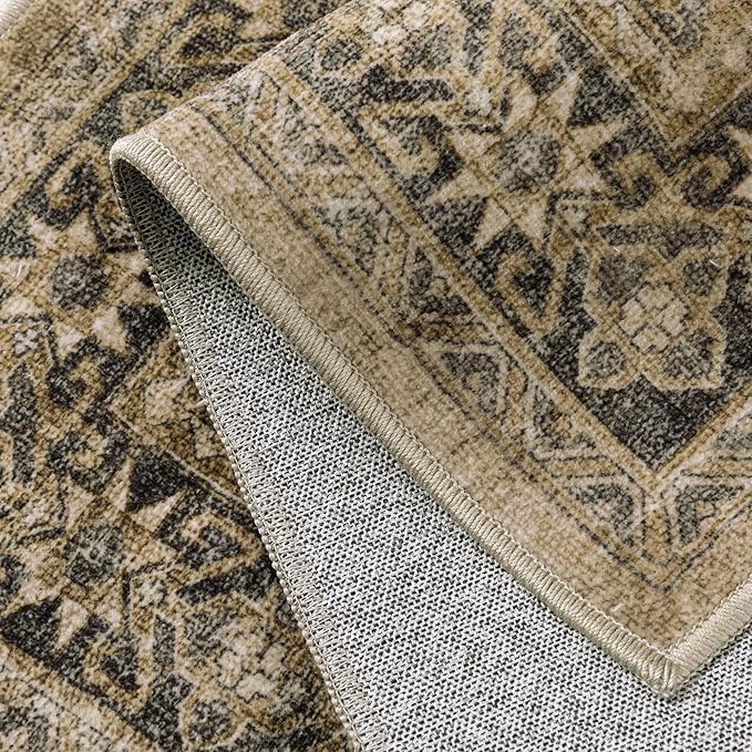PureCozy 5x7 Brown Black Area Rug for Living Room Washable Vintage Distressed Carpet Bedroom Low Pile Non Slip Indoor Soft Retro Throw Accent Rug Office Kitchen Bathroom Dining Room