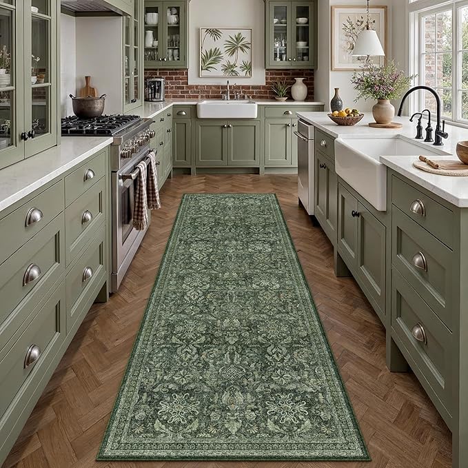 PureCozy Dark Green 2x8 Runner Rug Washable Hallway Kitchen Vintage Carpet Indoor Non Slip Small Low Plie Thin Bedroom Bathroom Rug Retro Accent Throw Dining Living Room