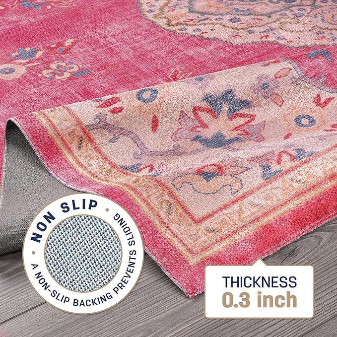 Beverly Rug Non Slip Rugs 5x7 Boho Medallion Floral Non Skid Rubber Backing Easy Silk Soft Area Rug for Living Room Easy to Clean Non Shedding Kitchen Bedroom Indoor Carpet (5 x 7 Fuchsia - Cream)