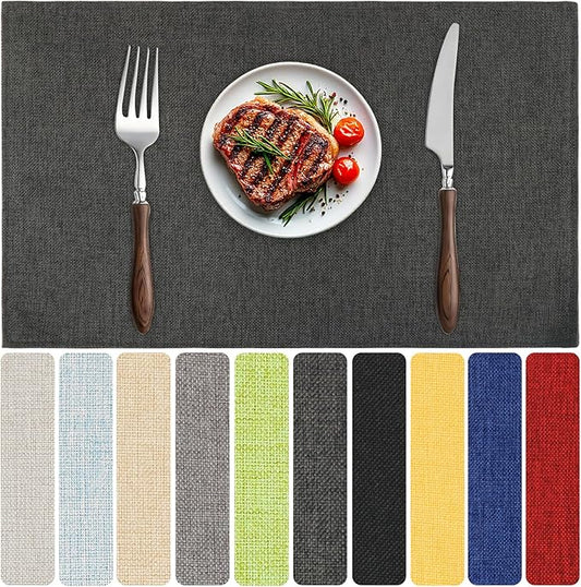 Blue Forest Placemats Set of 6, Dual-Layered Thickened Faux Linen Table Mats Heat Resistant Machine Washable Wrinkle Free Place Mats for Kitchen Dining Outdoor/Indoor (Dark Green)