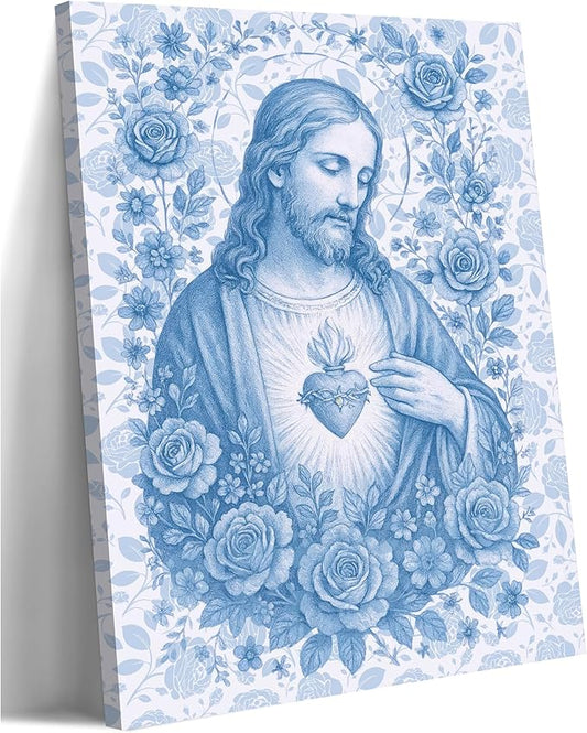 Blue Sacred Heart of Jesus Canvas Wall Art Divine Mercy Wall Decor Jesus Portrait Pictures Catholic Artwork Christian Religious Poster Prints for Bedroom Living Room Prayer Room Church 12x16in