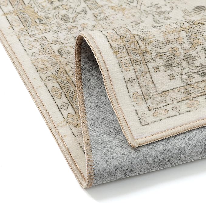 PureCozy Hallway Runner Rug 2x5 Washable Beige Vintage Distressed Runner Oriental Soft Thin Indoor Carpet Non Slip Low Pile Throw Rug for Kitchen Bedroom Laundry Bedside Entryway