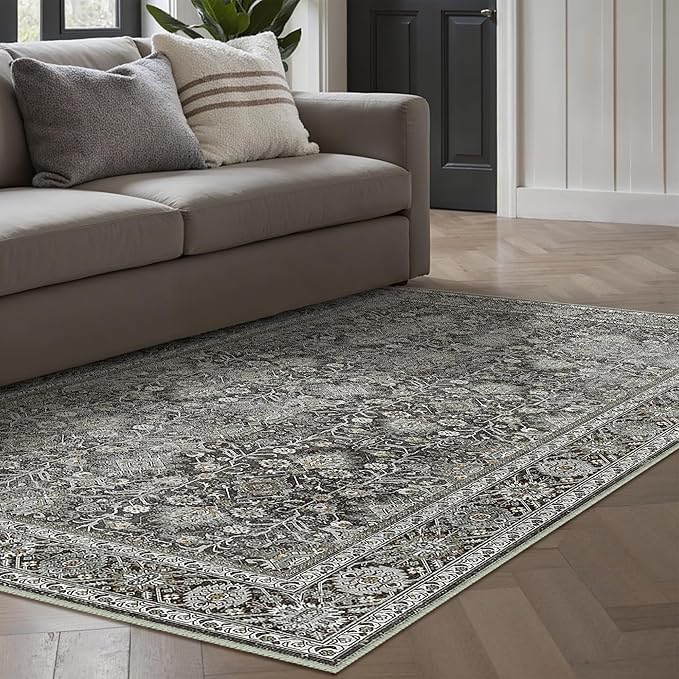 PureCozy Vintage Area Rug 4x6 Black Entryway Office Washable Carpet Non Slip Bedroom Indoor Living Room Door Mat Low Pile Traditional Distressed Retro Accent Rug for Dining Room Bathroom Kitchen