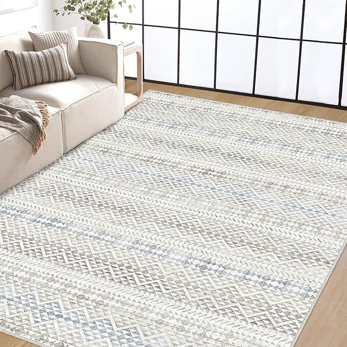 Fortsea 5'x7' Machine Washable Abstract Design Area Rug Machine Washable Area Rugs 5X7, Non Slip, Stain Resistant, Home Decor Living Room Area Rugs 5x7 (Grey Blue Cream 5x7)…