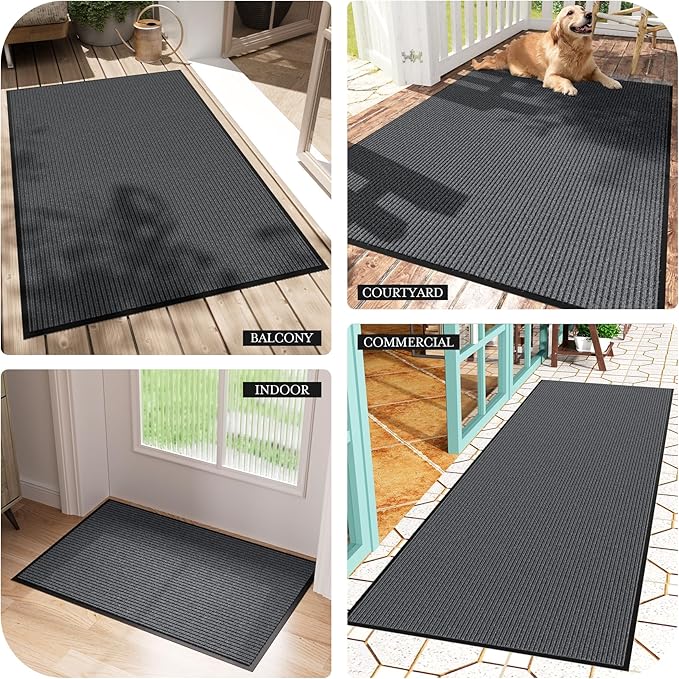 Front Door Mat, 3' x 10' Commercial Door Mat Outside Entrance, Heavy Duty Welcome Mat, Absorbent & Dirt Resistant, Non-Slip Extra Large Door Mats, Door Rugs for Entryway Indoor Outdoor, Grey