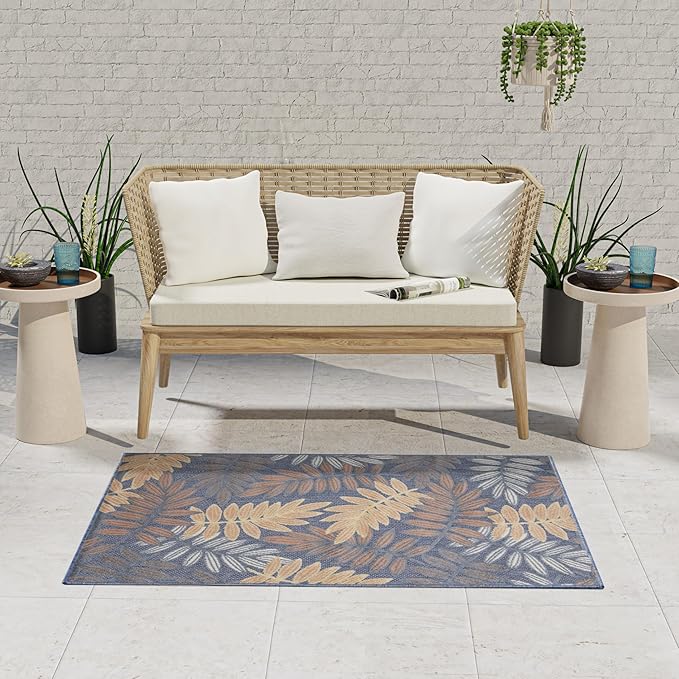 Nourison Home Aloha Blue Rose 2'8" x 4' Area Rug - Easy Clean, Non Shedding, Bed Room, Living Room, Dining Room, Kitchen (3' x 4')