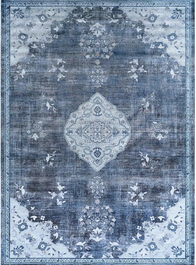 Beverly Rug Non Slip Rugs 6x9 Boho Medallion Floral Non Skid Rubber Backing Easy Silk Soft Area Rug for Living Room Easy to Clean Non Shedding Kitchen Bedroom Indoor Carpet (6 x 9 Blue - Gray)
