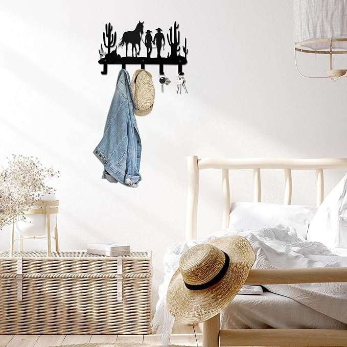 Ecqizer Cowboy Coat Hooks Wall Decor-Cowboy Hangers and Key Hooks Holder-Clothes Cowboy Hat Rack and Backpack Hanger-Cowboy Wall Art Decor for Storage, Living Room, Hallway, Bedroom…