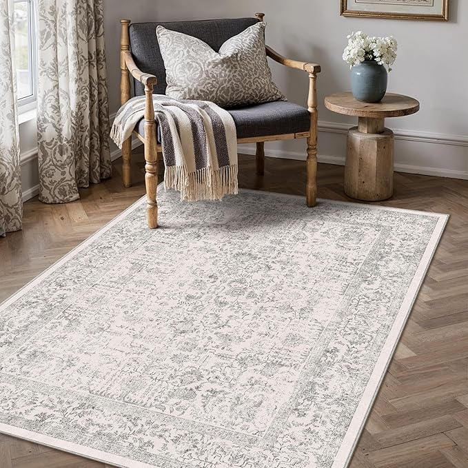 PureCozy Gray Area Rug 3x4 Office Entryway Rug Machine Washable Kitchen Vintage Distressed Non Slip Carpet Indoor Grey Retro Floral Accent Throw Door Mat for Bathroom Bedroom Dining Living Room