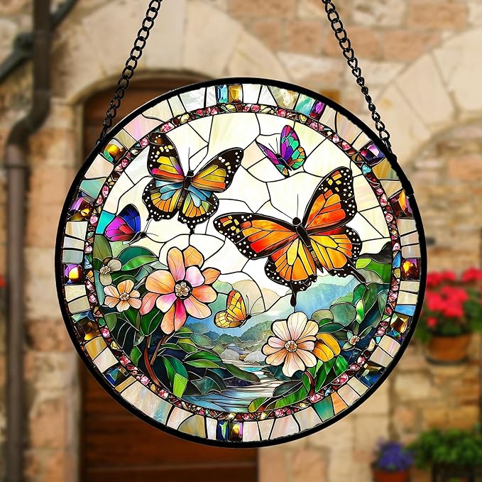 Stained Glass Window Hanging, Butterflies Flying in The Sky Suncatcher for Doors Home Sun Catchers Decoration and Christmas, Mother's Day Birthday Gifts for Women, Men, and Mom 7.8 in