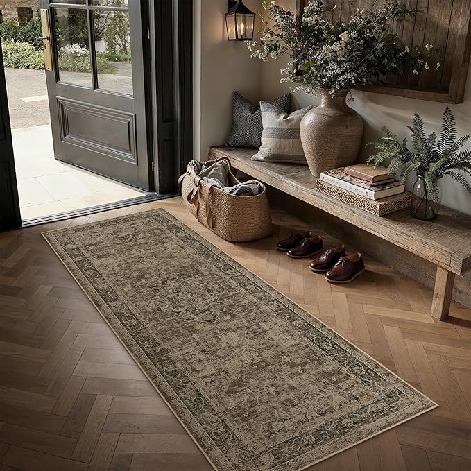PureCozy Hallway Runner Rug 2x5 Washable Brown Vintage Distressed Runner Oriental Soft Thin Indoor Carpet Non Slip Low Pile Throw Rug for Kitchen Bedroom Laundry Bedside Entryway