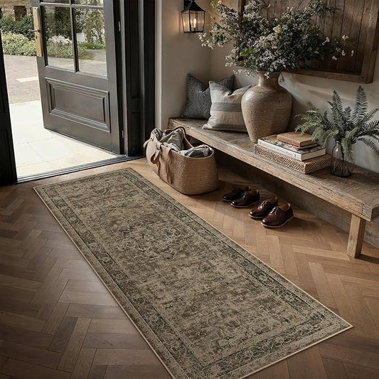PureCozy Hallway Runner Rug 2x5 Washable Brown Vintage Distressed Runner Oriental Soft Thin Indoor Carpet Non Slip Low Pile Throw Rug for Kitchen Bedroom Laundry Bedside Entryway