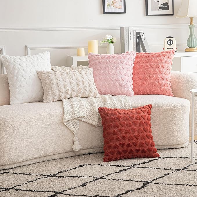 AQOTHES Set of 2 Heart Love Cute Coral Red Decorative Valentines Throw Pillow Covers 20x20, Soft Plush Faux Fur Pillow Covers for Couch Sofa Home Valentines Day Decoration